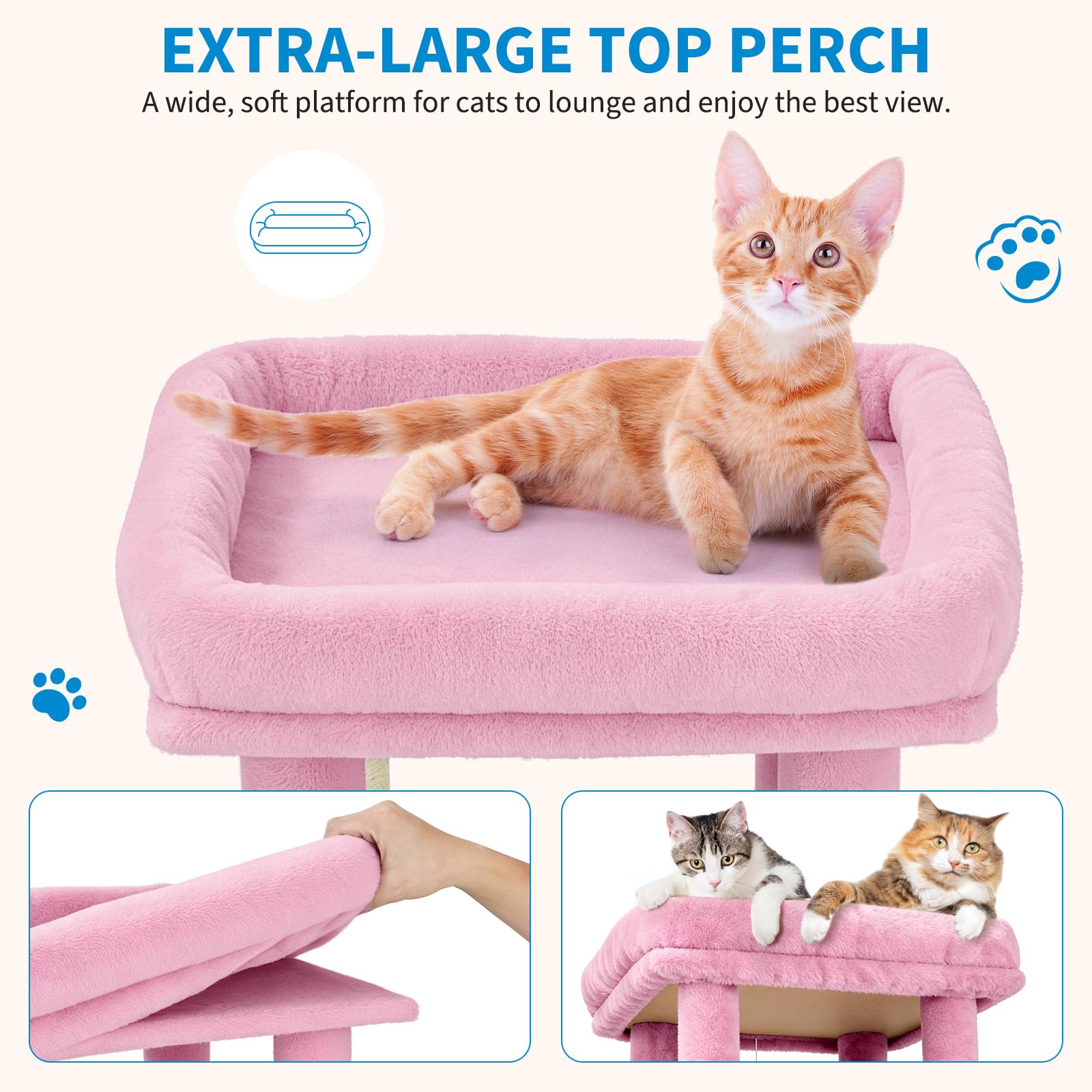Garvee Arbre à Chat 155 cm Multi-Niveaux pour Grands Chats, Tour Stable avec Grande Plateforme, Rose