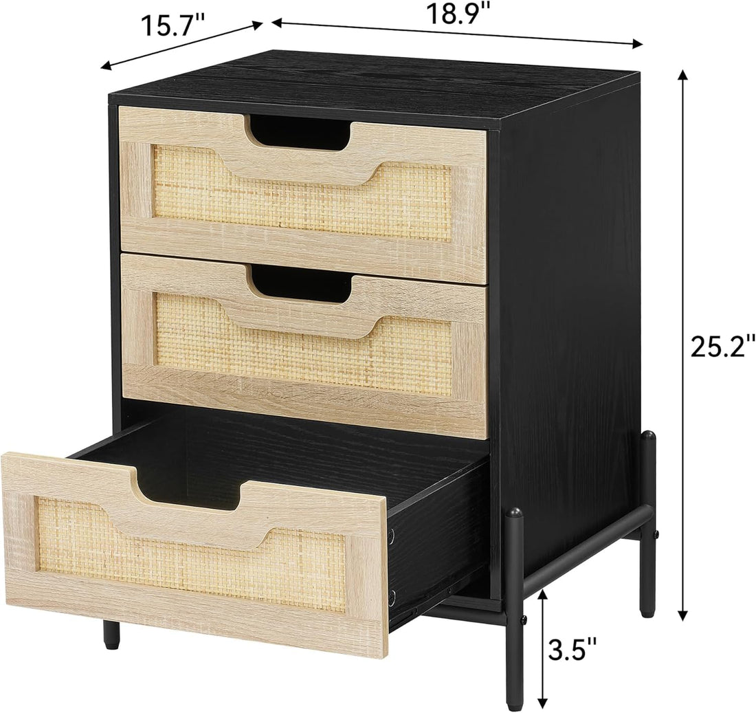 Garvee table de chevet en rotin avec 3 tiroirs en osier naturel, structure en bois robuste, noir, pour la chambre et le salon