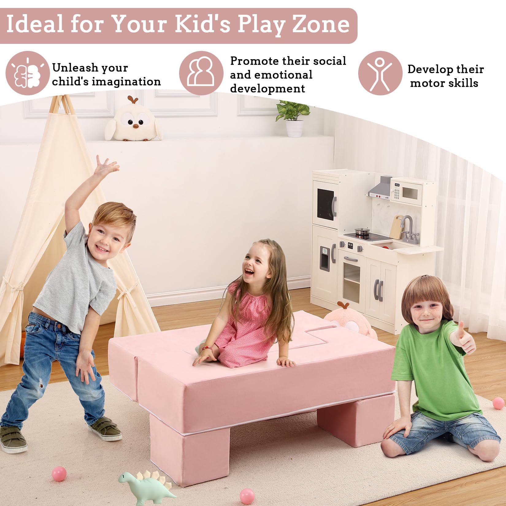 Canapé de jeu pour enfants Garvee, 6 pièces, modulaire, rose, housse en microfibre douce, pour salle de jeux, 100 x 50 x 40 cm