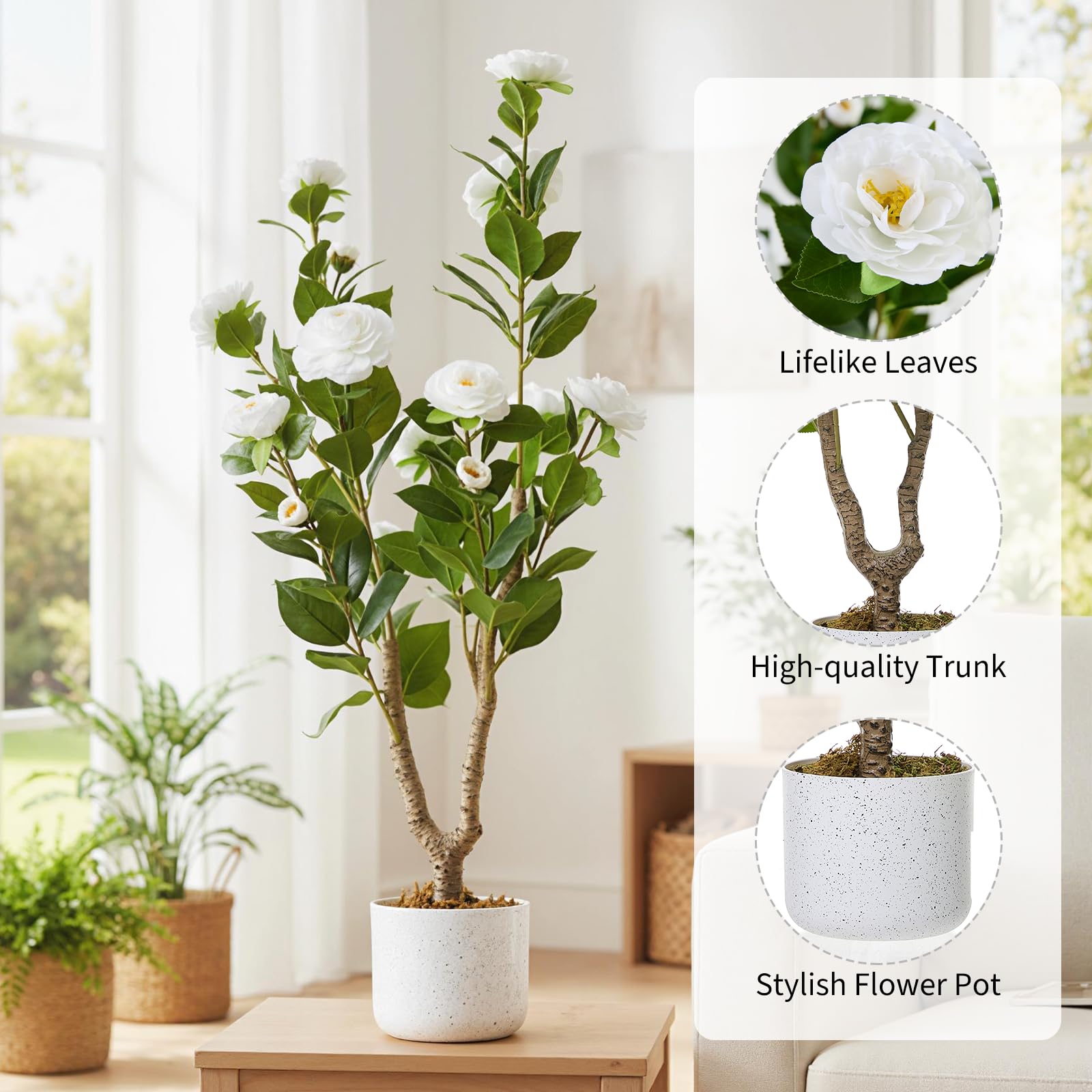 Camélia artificiel Garvee 35 po avec 16 fleurs blanches, durable, réaliste, en plastique et soie, pour usage intérieur et extérieur, blanc, pré-poté