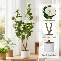 Camélia artificiel Garvee 35 po avec 16 fleurs blanches, durable, réaliste, en plastique et soie, pour usage intérieur et extérieur, blanc, pré-poté