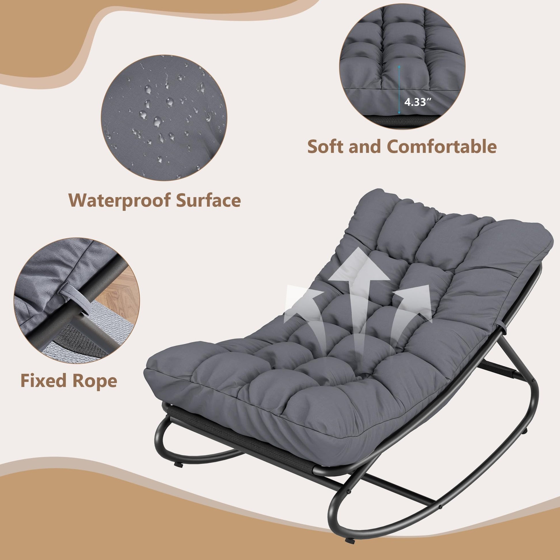 Fauteuil à bascule d'extérieur Garvee, structure en métal, réglable, imperméable, confortable, capacité de 204 kg, gris foncé, pour terrasse, jardin, salon