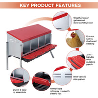 Garvee Nichoir pour Poules 4 Compartiments avec Support, Métal Galvanisé au Zinc avec Poignée en Plastique, Plateau Amovible, Rouge