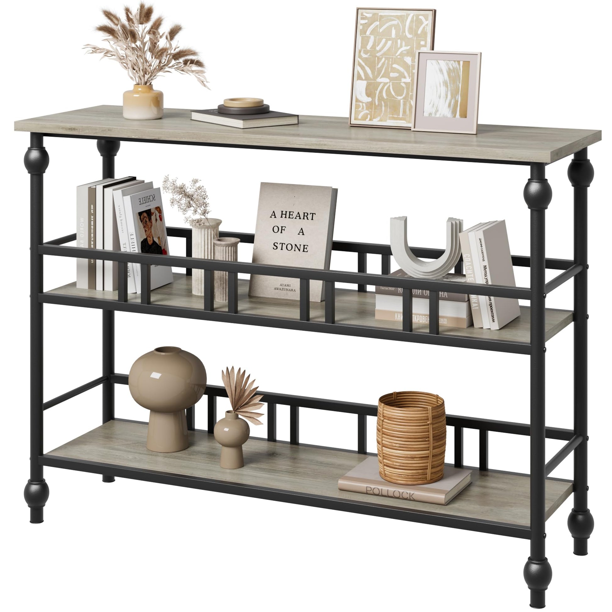 Garvee Console étroite 109 cm à 3 niveaux, étagères effet bois gris rustique, structure métallique, pour salon, couloir et chambre