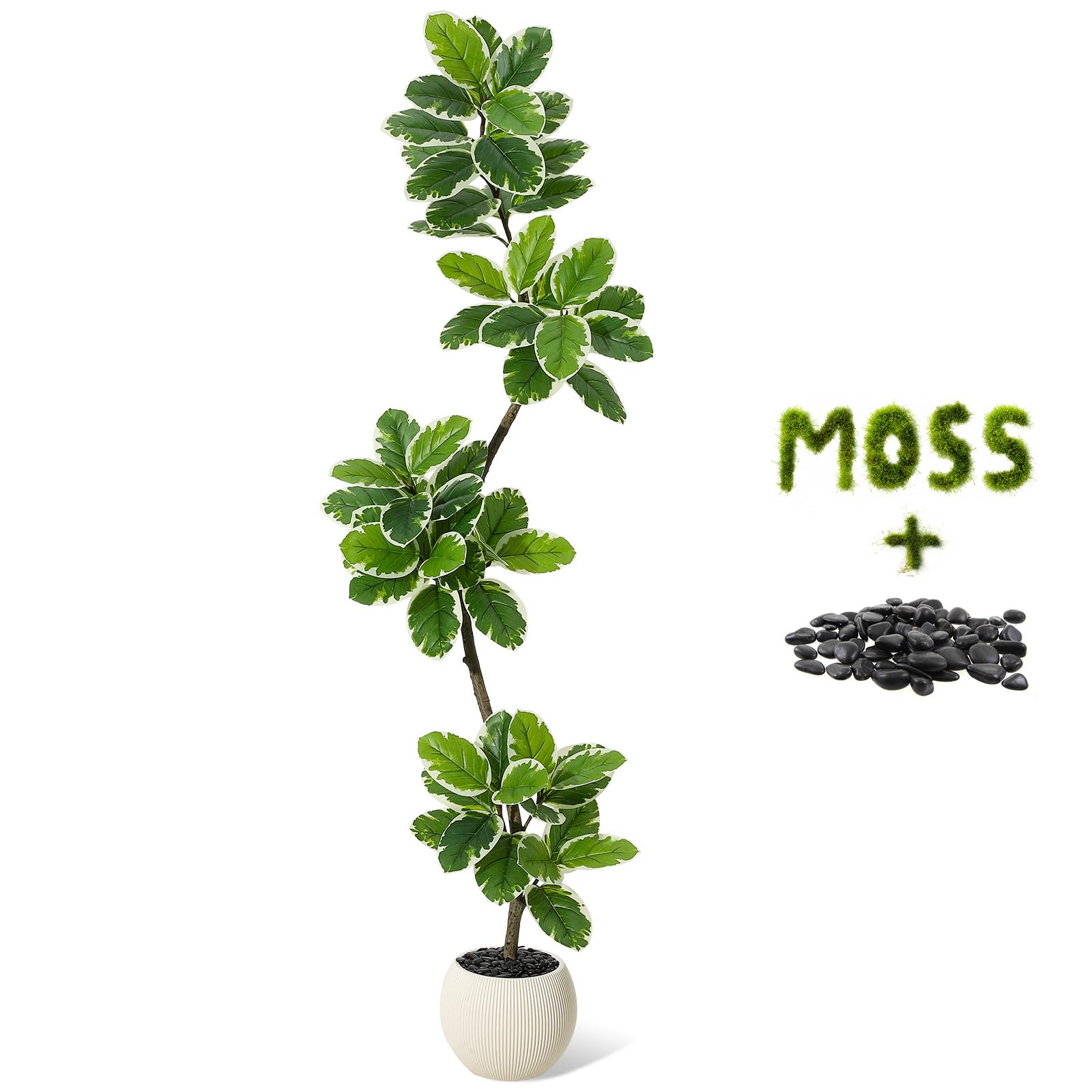 Figuier lyre artificiel Garvee de 1,80 m avec pot boule, décor de mousse, feuilles flexibles pour salon et bureau, entretien facile, vert
