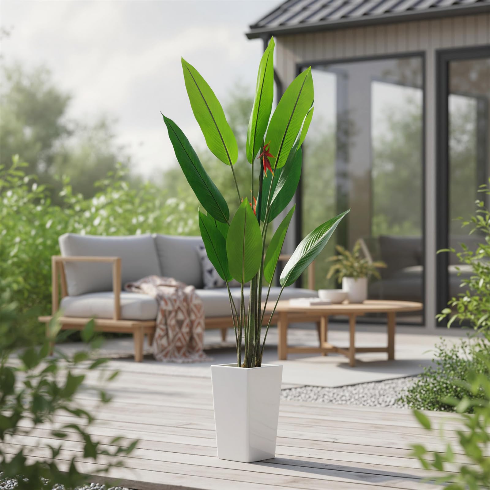 Plante artificielle Oiseau de Paradis Garvee de 1,75 m avec pot blanc pour salon et bureau, bananier tropical réaliste, durable et facile d'entretien.
