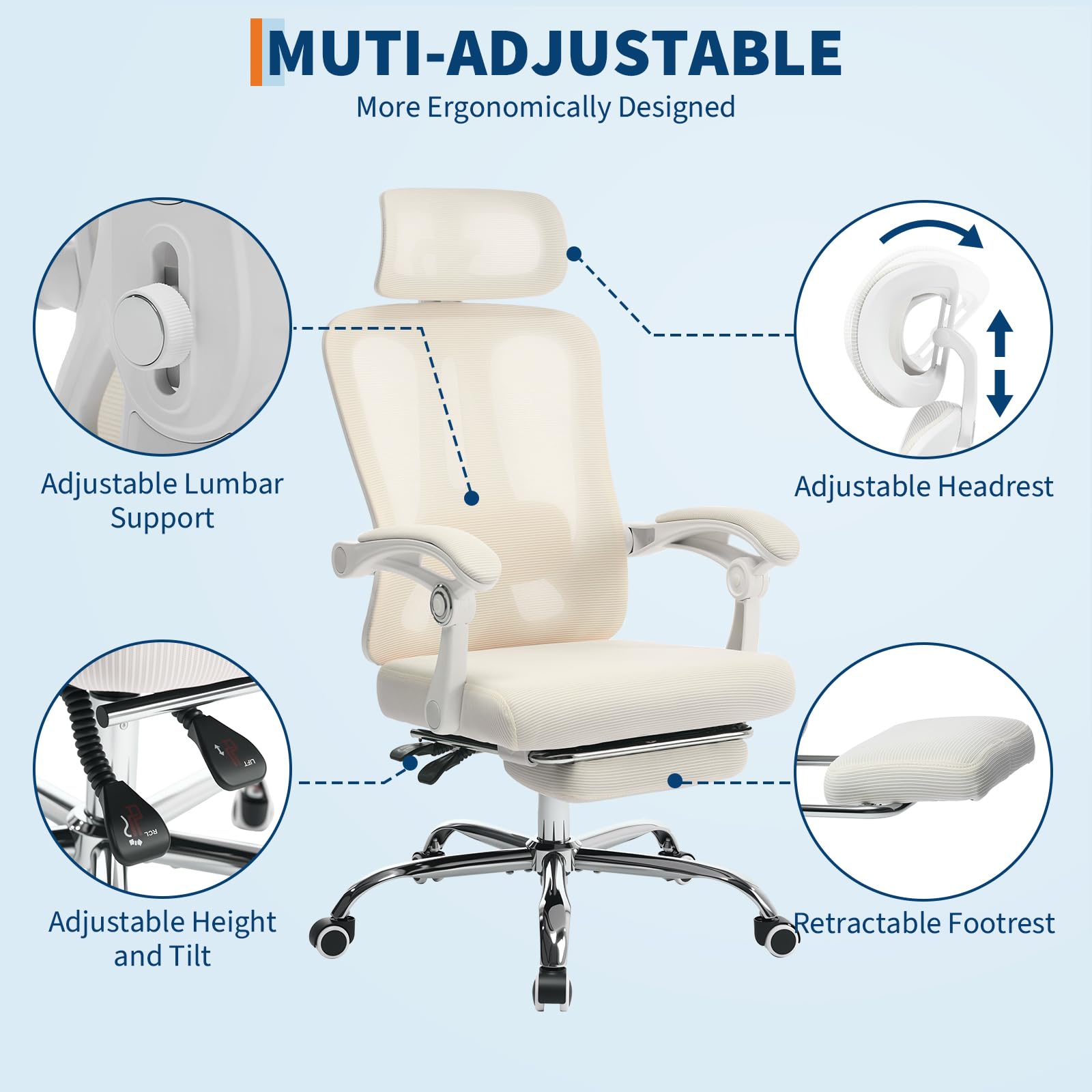 Garvee Chaise de bureau ergonomique, dossier haut, assise en maille, appui-tête et repose-pieds réglables, beige, idéale pour le télétravail
