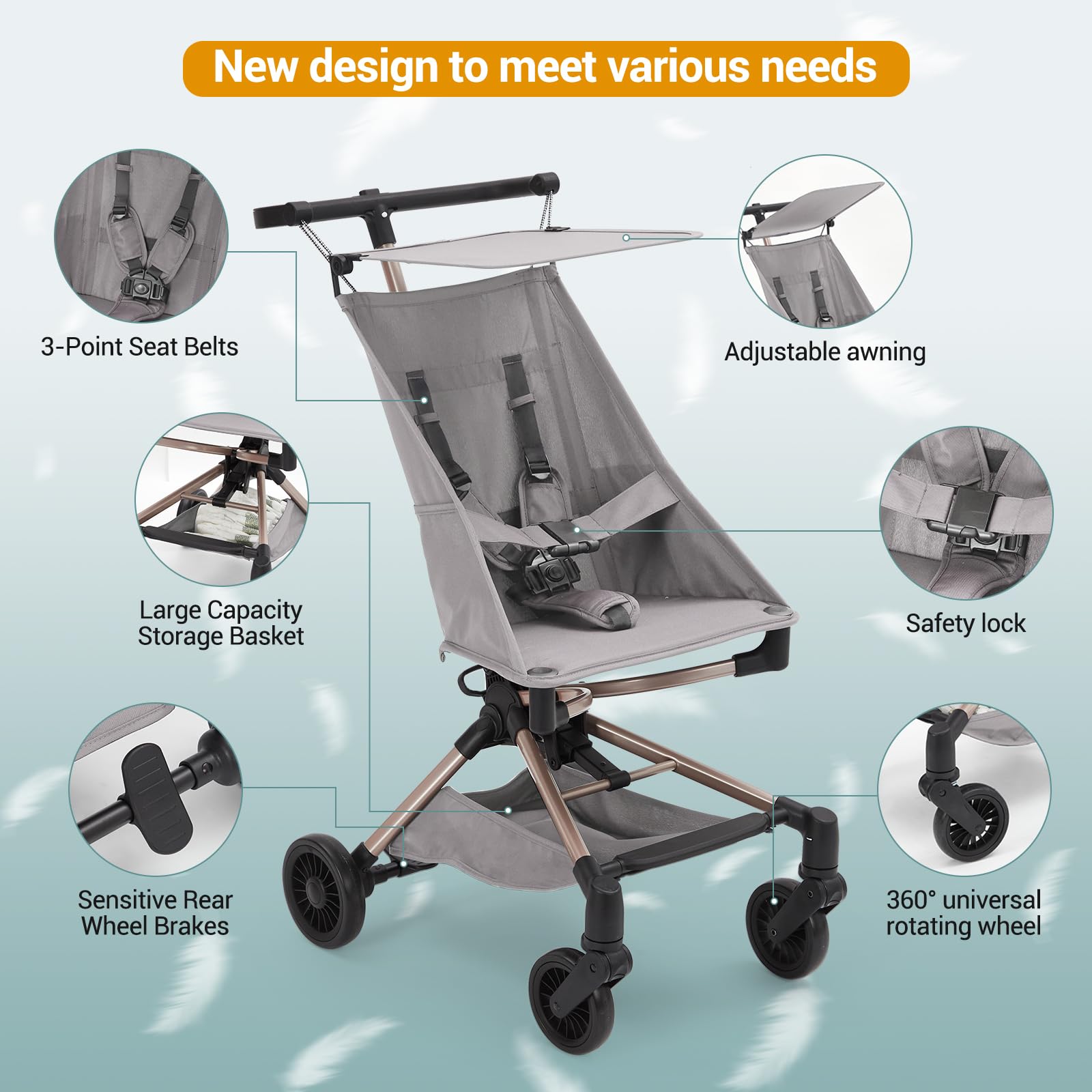 Poussette légère Garvee – Compacte et pliable avec nacelle, grise, 47 × 45 × 49 cm pour les voyages
