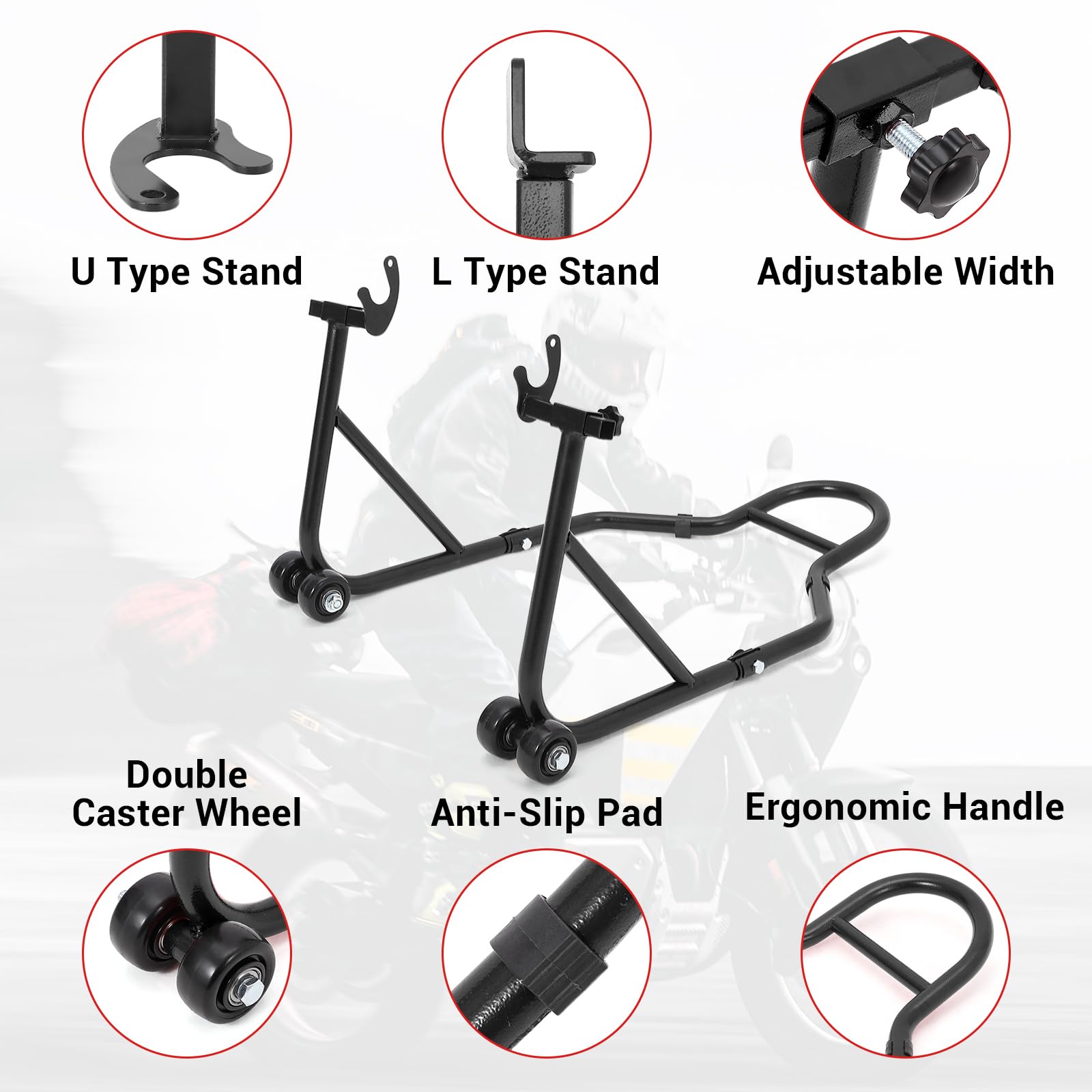 Support de levage pour moto Garvee, capacité de charge de 385 kg, largeur réglable, cadre en fer robuste, pour atelier et garage, universel, noir