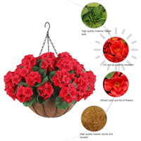 Garvee Lot de 2 fleurs de géranium artificielles, résistantes aux intempéries, panier marron, à suspendre, pour jardin et terrasse, réalistes, rouges