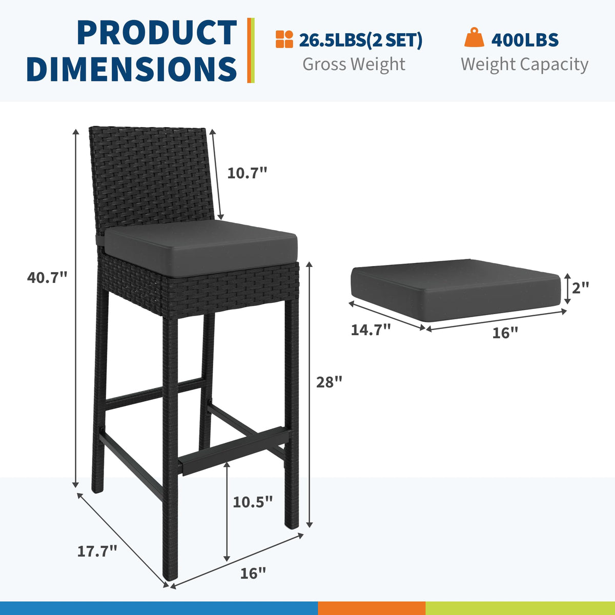 Ensemble de 2 tabourets de bar d'extérieur Garvee en résine tressée, ergonomiques et robustes, structure en rotin PE et acier, pour balcon et jardin, 40,6 x 45 x 103,6 cm, noir