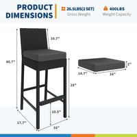 Ensemble de 2 tabourets de bar d'extérieur Garvee en résine tressée, ergonomiques et robustes, structure en rotin PE et acier, pour balcon et jardin, 40,6 x 45 x 103,6 cm, noir
