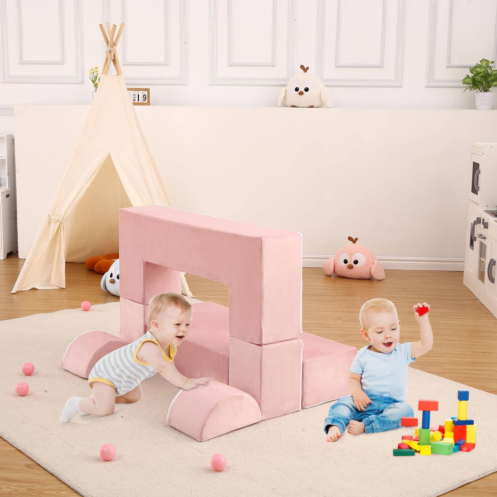 Canapé de jeu pour enfants Garvee, 6 pièces, modulaire, rose, housse en microfibre douce, pour salle de jeux, 100 x 50 x 40 cm