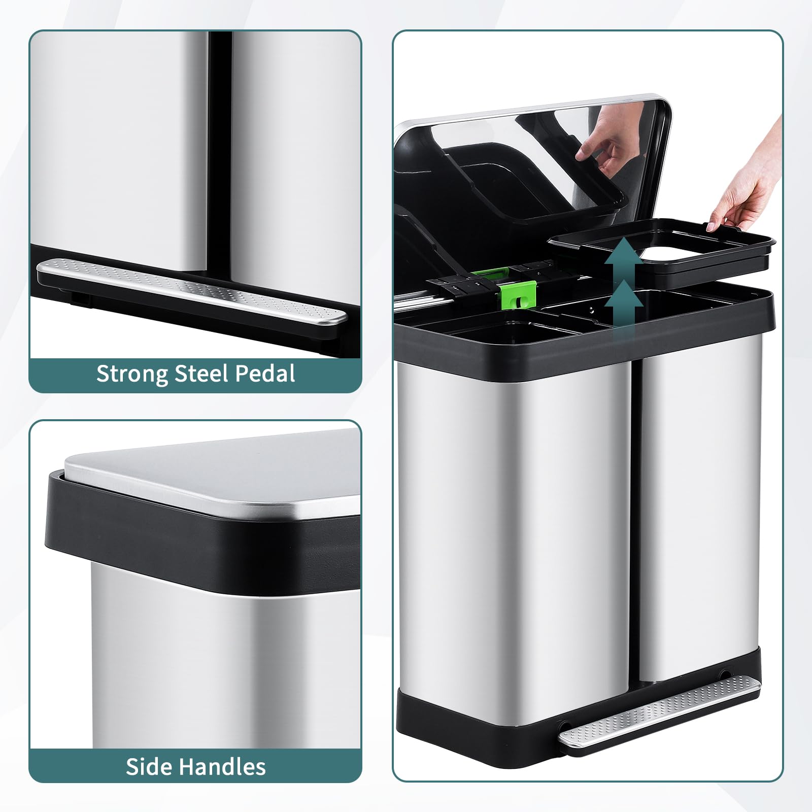 Poubelle de cuisine Garvee 2 x 36 L avec système de tri des déchets, en acier inoxydable, à pédale, double compartiment, sans contact et silencieuse, couleur argent.