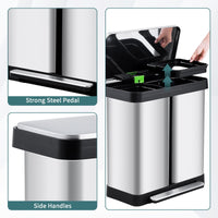 Poubelle de cuisine Garvee 2 x 36 L avec système de tri des déchets, en acier inoxydable, à pédale, double compartiment, sans contact et silencieuse, couleur argent.