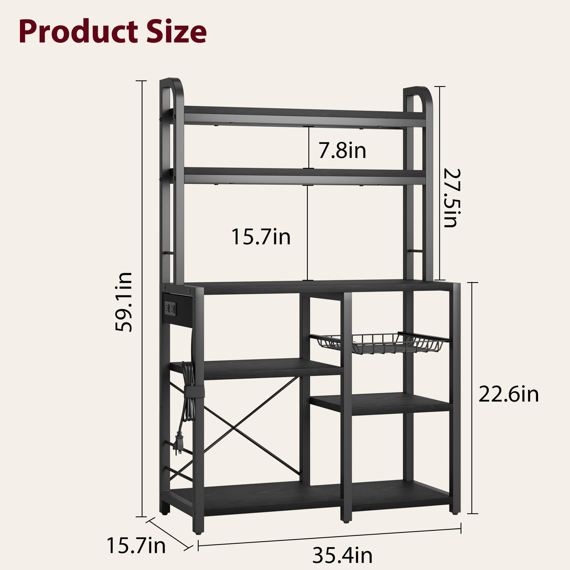 Étagère à pâtisserie Garvee Bakers à 5 niveaux avec prise électrique pour cuisine et coin café, 90 cm L x 40 cm l x 150 cm H, noire, construction en bois et métal