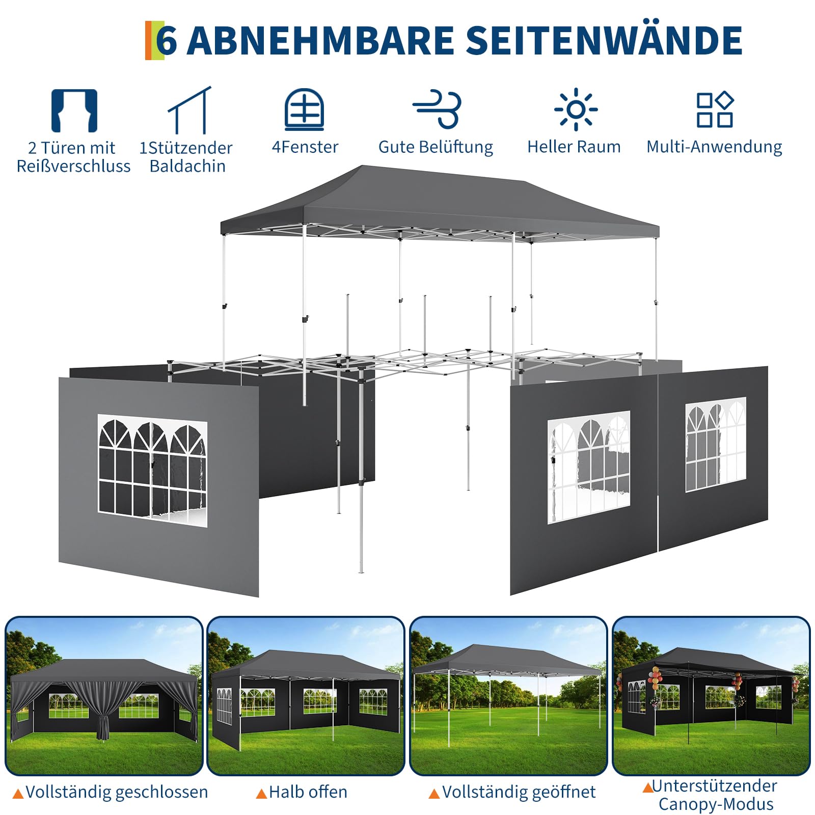 Garvee Tonnelle pliante 3x6 m avec 6 parois amovibles, Oxford 420D imperméable, hauteur réglable, pour fêtes et événements, résistante et stable, fenêtres transparentes