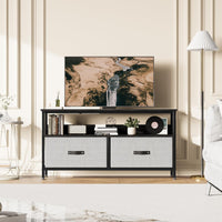 Garvee Meuble TV 99 cm pour téléviseurs jusqu'à 127 cm avec 2 tiroirs en tissu et une étagère ouverte, pour salon et chambre, structure en métal noir, plateau en bois, pieds réglables