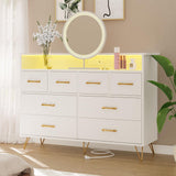 Garvee Commode haute 8 tiroirs avec station de charge et éclairage RGB, pieds en acier, pour chambre et salon, blanc - Blanc