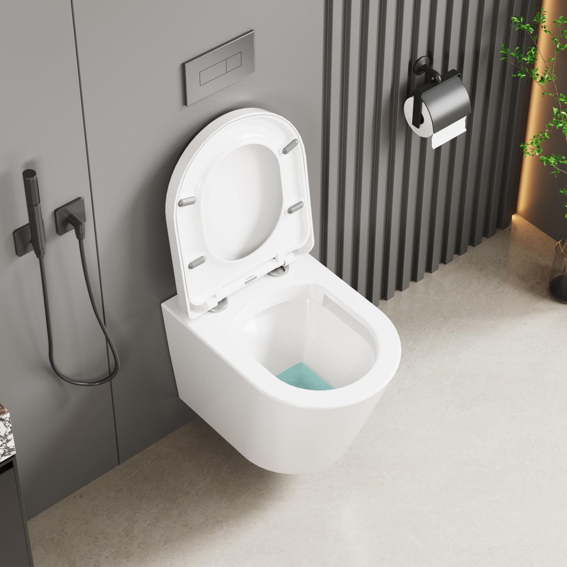 Abattant WC suspendu GARVEE, forme en D, 51 cm, blanc | Céramique, fermeture amortie | Pour salles de bains modernes