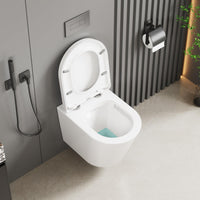 Abattant WC suspendu GARVEE, forme en D, 51 cm, blanc | Céramique, fermeture amortie | Pour salles de bains modernes