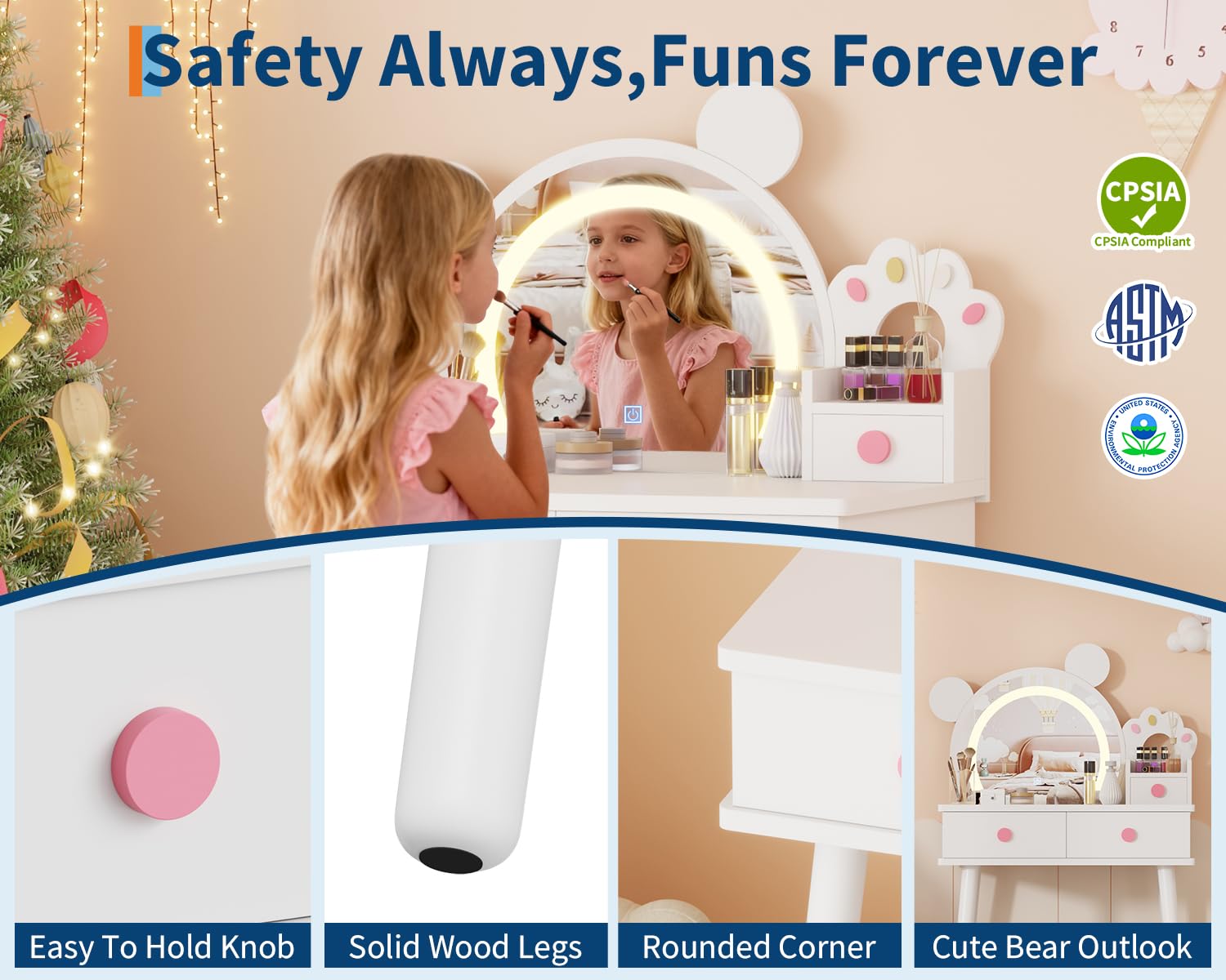 Coiffeuse Garvee pour enfants avec lumière LED, miroir en forme d'ours, rangement, bois certifié FSC, support à fleurs pour salle de jeux de filles, 55 cm (L) x 38 cm (l) x 101 cm (H)