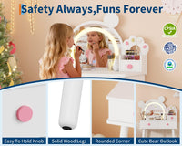 Coiffeuse Garvee pour enfants avec lumière LED, miroir en forme d'ours, rangement, bois certifié FSC, support à fleurs pour salle de jeux de filles, 55 cm (L) x 38 cm (l) x 101 cm (H)