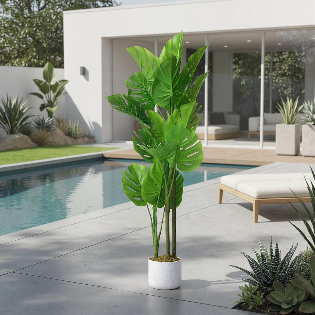 Monstera artificiel Garvee, 1,1 m, résistant aux UV, pot en ciment stable, sans entretien, décoration intérieure pour salon ou bureau, vert