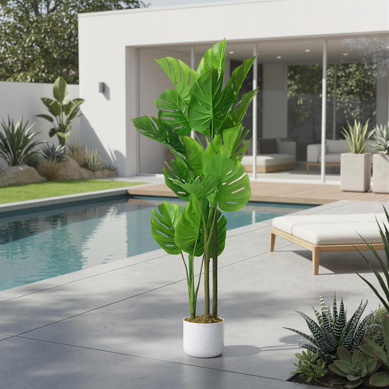 Monstera artificiel Garvee, 1,1 m, résistant aux UV, pot en ciment stable, sans entretien, décoration intérieure pour salon ou bureau, vert