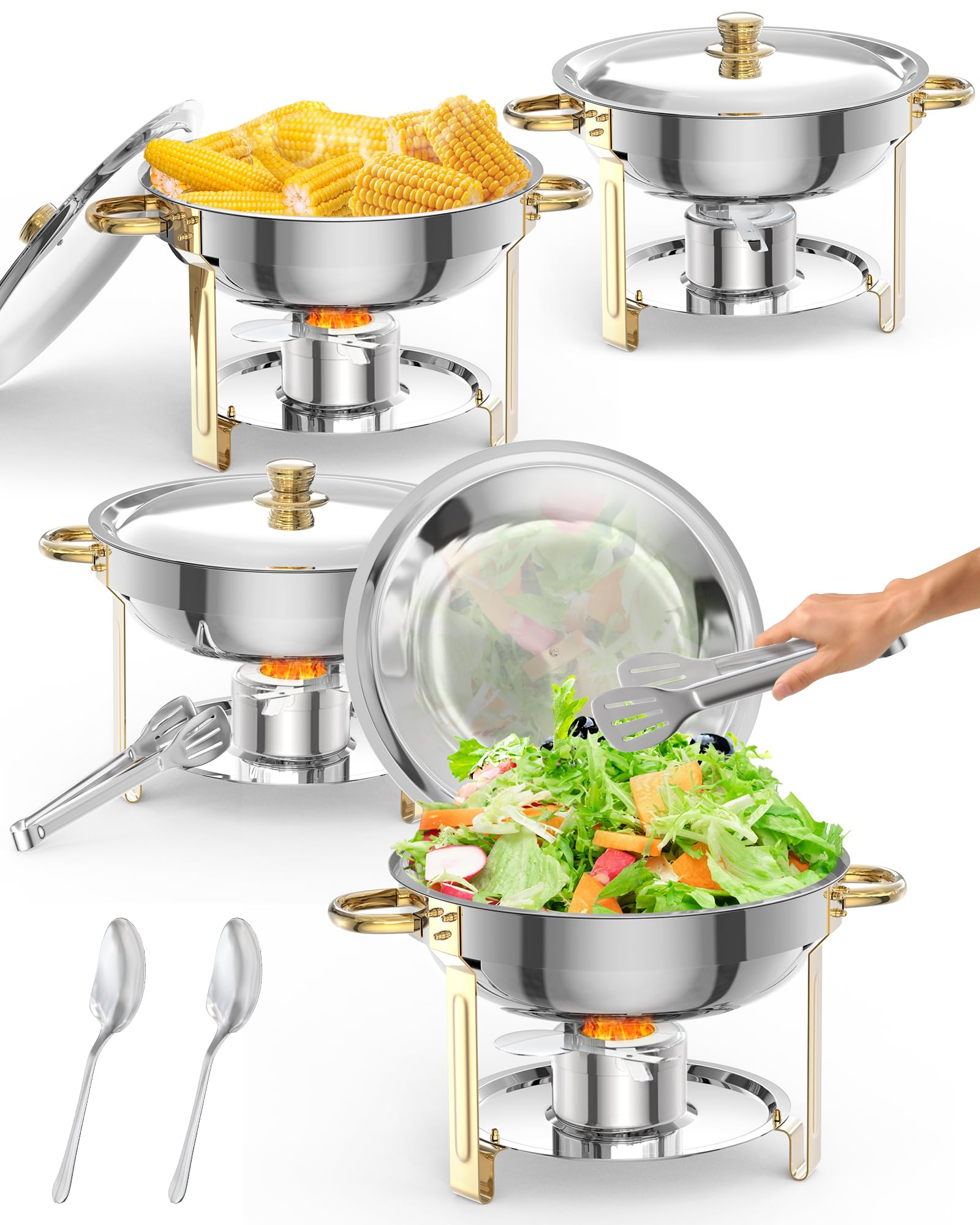 Ensemble de 4 plateaux chauffants Garvee pour buffet, 5 L, en acier inoxydable, avec supports de couvercle, idéal pour les fêtes, mariages et événements, couleur or.