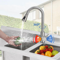 Garvee Évier commercial double bac en acier inoxydable, robinet pivotant 360°, étagères de rangement, pour cuisine et extérieur, 33 × 33 × 21 cm.