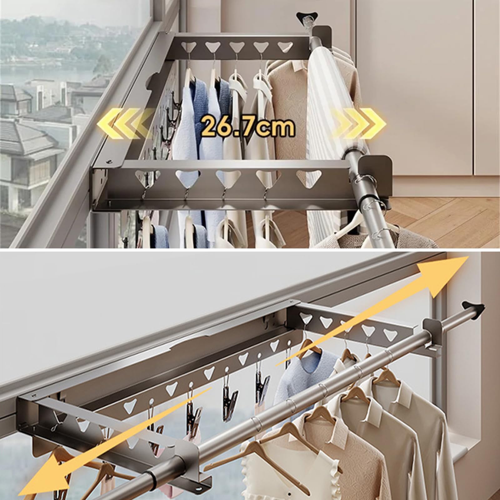 Étendoir à linge mural pliable Garvee, en acier inoxydable, gain de place, pour balcon et terrasse, longueur télescopique 103,2–151,2 cm, gris