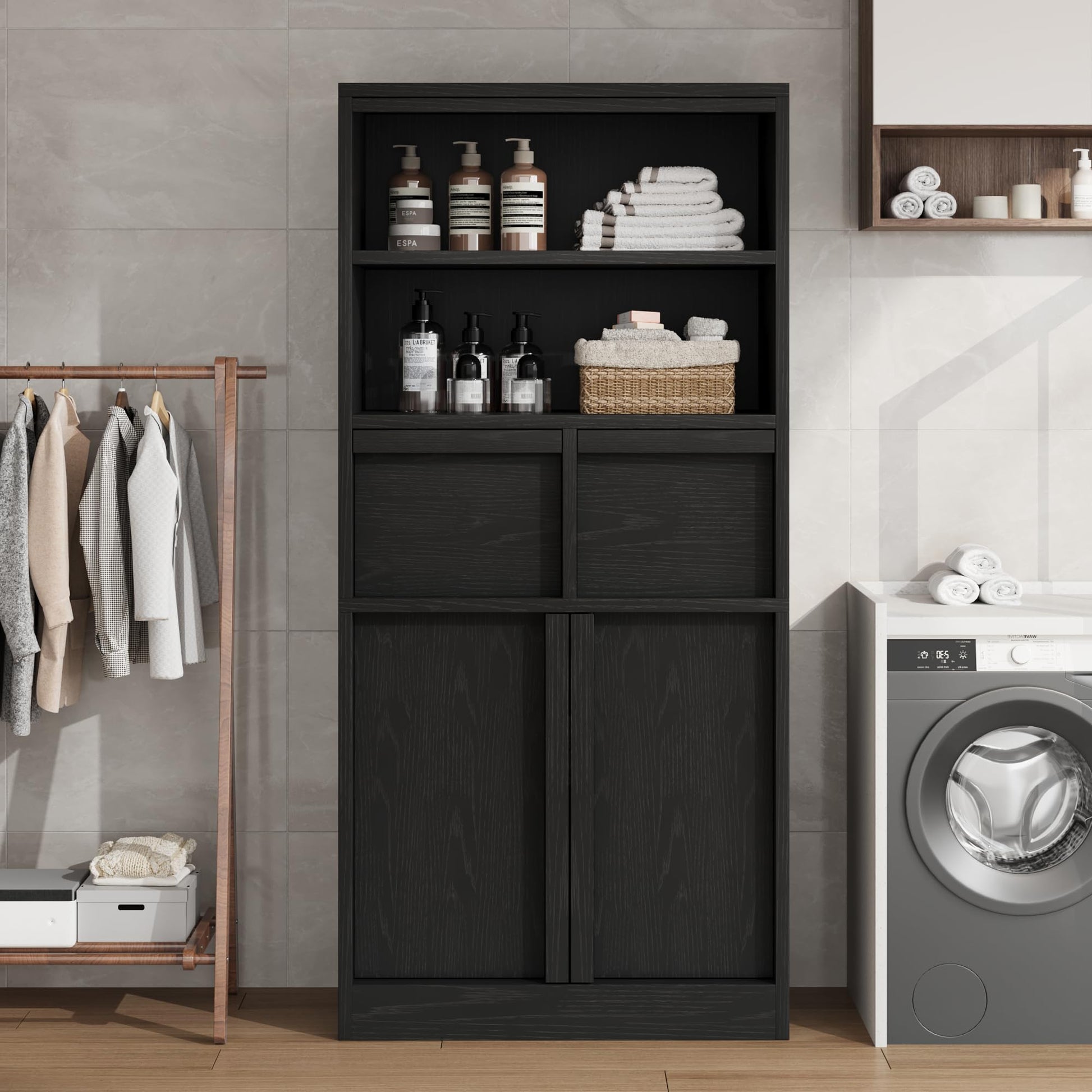 Armoire de salle de bain haute Garvee 130 cm (51 po) avec 2 tiroirs et portes, MDF, imperméable et résistant aux rayures, noir, polyvalente pour la salle de bain et le salon