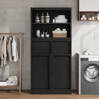 Armoire de salle de bain haute Garvee 130 cm (51 po) avec 2 tiroirs et portes, MDF, imperméable et résistant aux rayures, noir, polyvalente pour la salle de bain et le salon