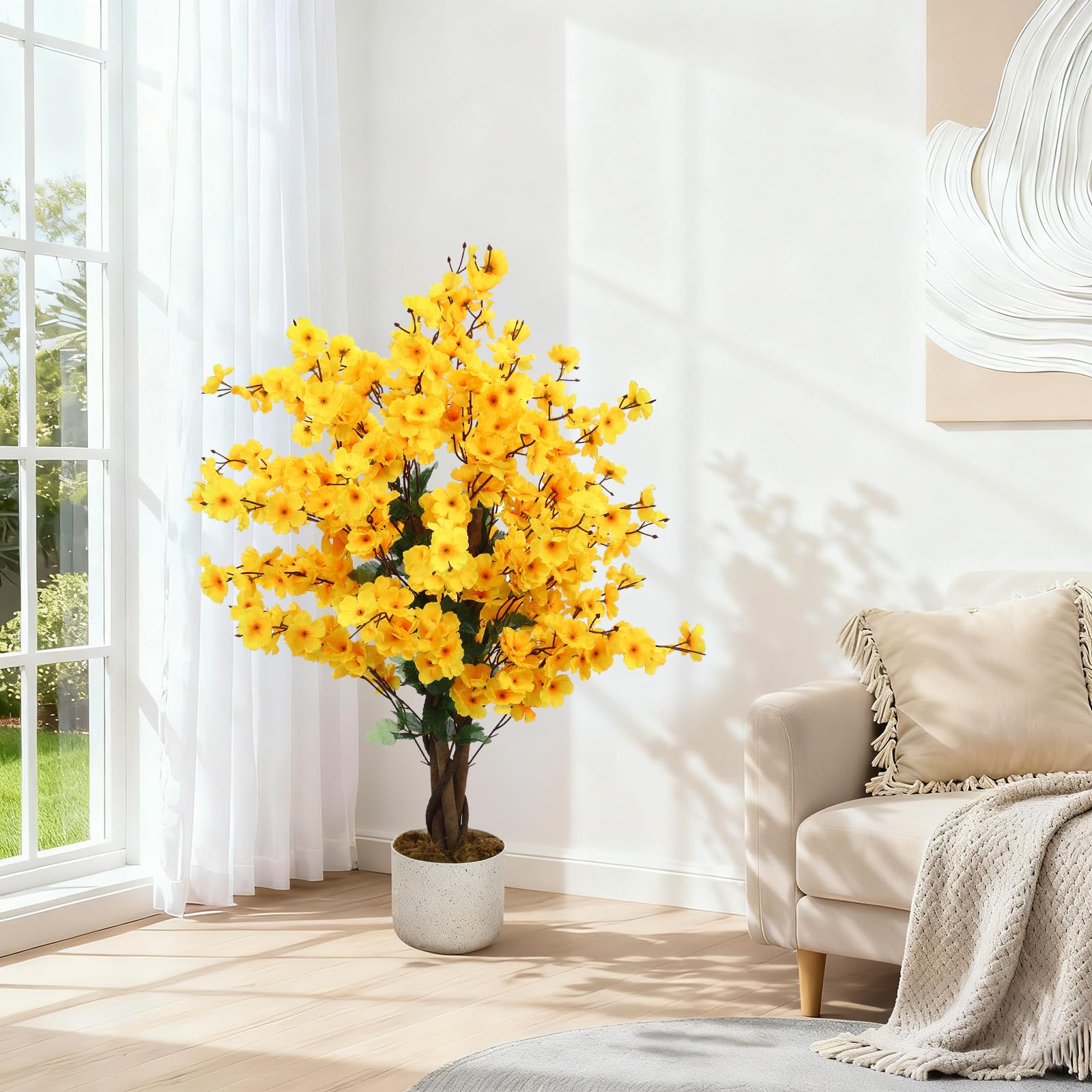 Arbre artificiel Garvee de 90 cm (3 pi) avec pot noir, idéal pour la décoration du salon et du bureau. Fleurs de prunier réalistes, persistant, en polyester, jaune.