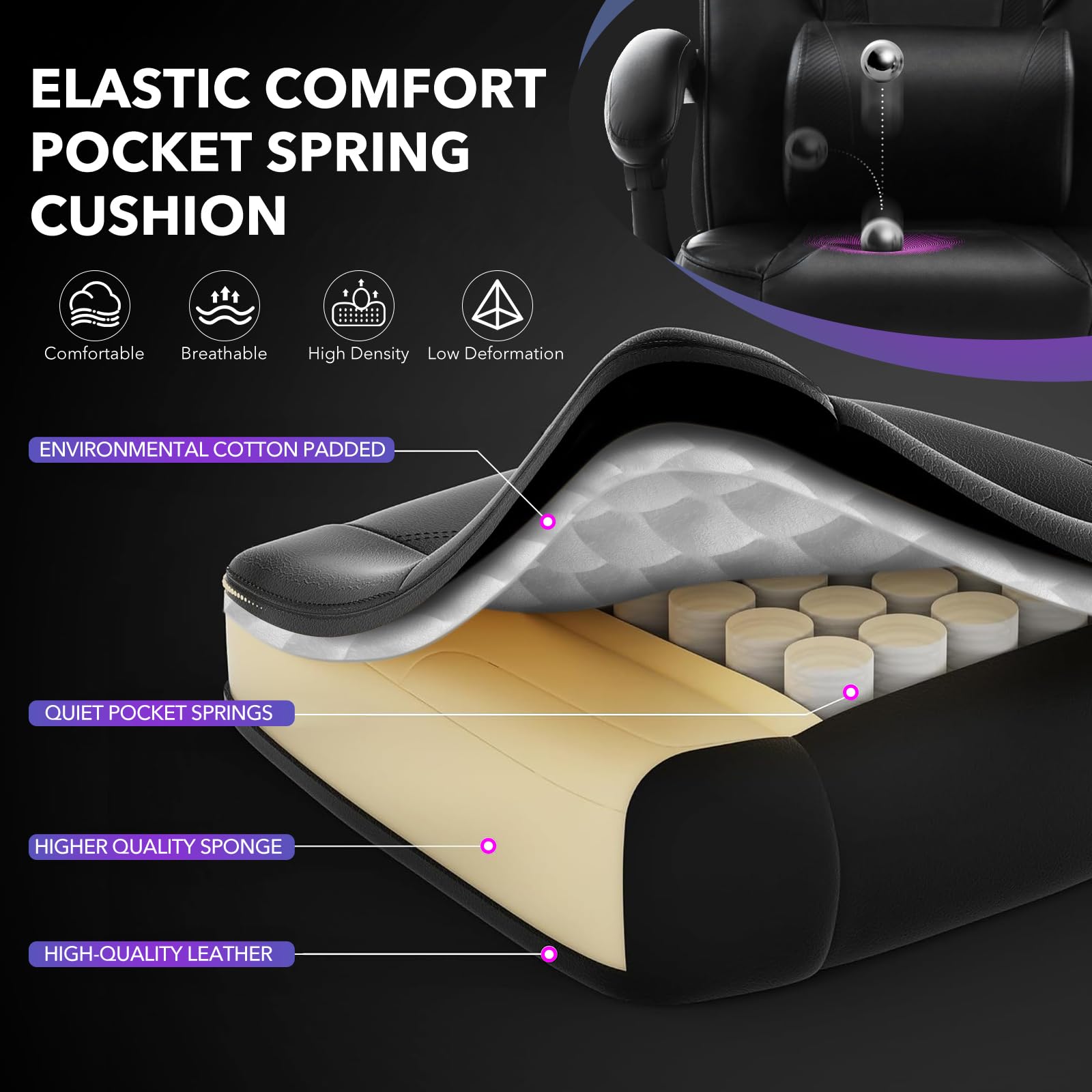 Garvee Chaise gaming ergonomique noire avec repose-pieds, appui-tête et soutien lombaire, pivotante 360°, hauteur réglable, capacité 136 kg, adulte et ado