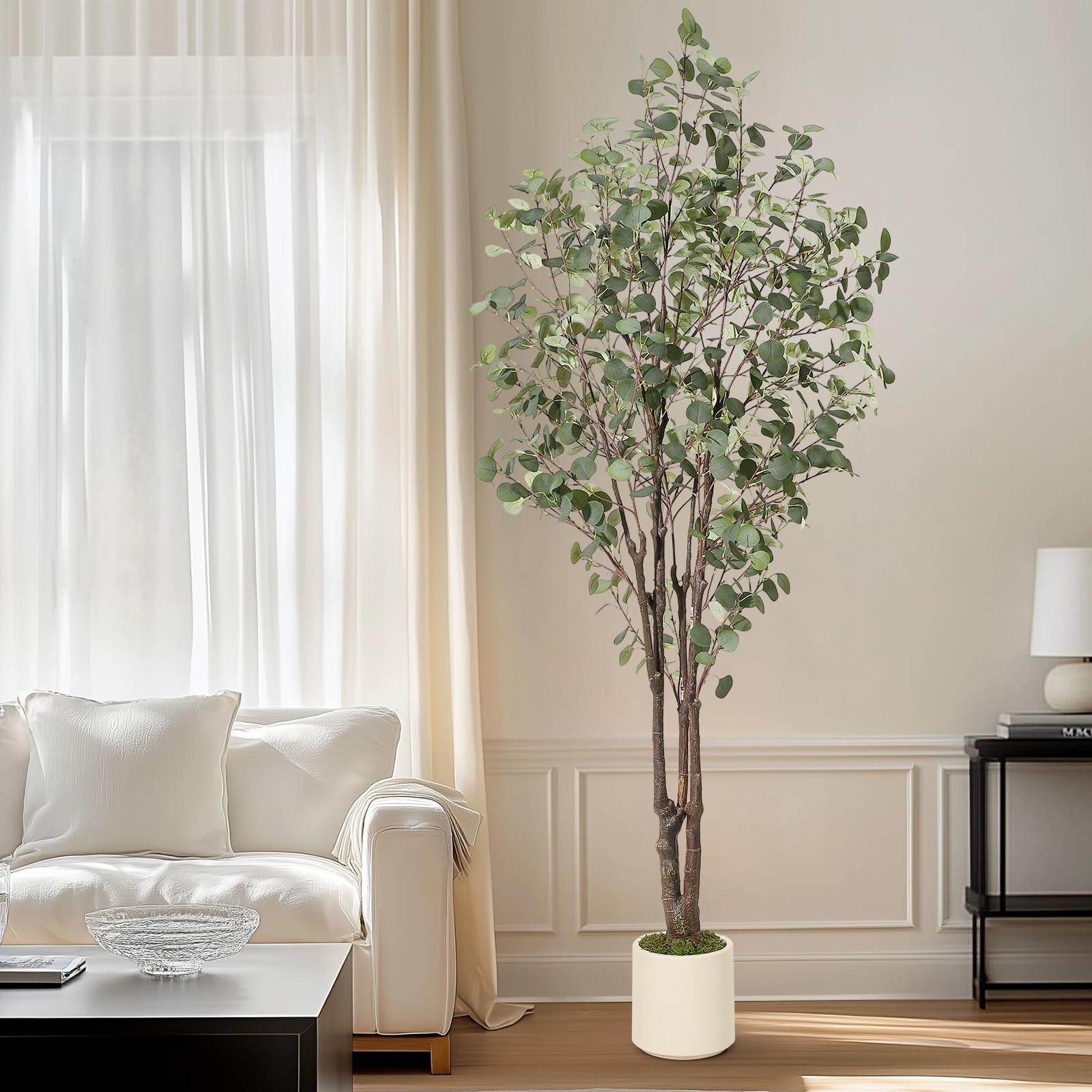 Eucalyptus artificiel Garvee de 2,13 m avec 100 lumières LED, branches ajustables, pot en plastique blanc, décoration intérieure et extérieure