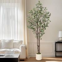 Eucalyptus artificiel Garvee de 2,13 m avec 100 lumières LED, branches ajustables, pot en plastique blanc, décoration intérieure et extérieure