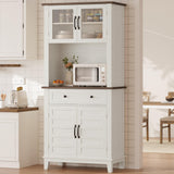 Armoire de cuisine Garvee de 183 cm de haut avec compartiment micro-ondes, espace de rangement, bois, tiroirs, portes vitrées, blanc, salle à manger