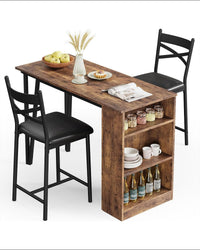 Ensemble table et chaises de bar Garvee 3 pièces, pliable, avec espace de rangement, en acier et bois, coussins ergonomiques, marron, idéal pour les petites cuisines.