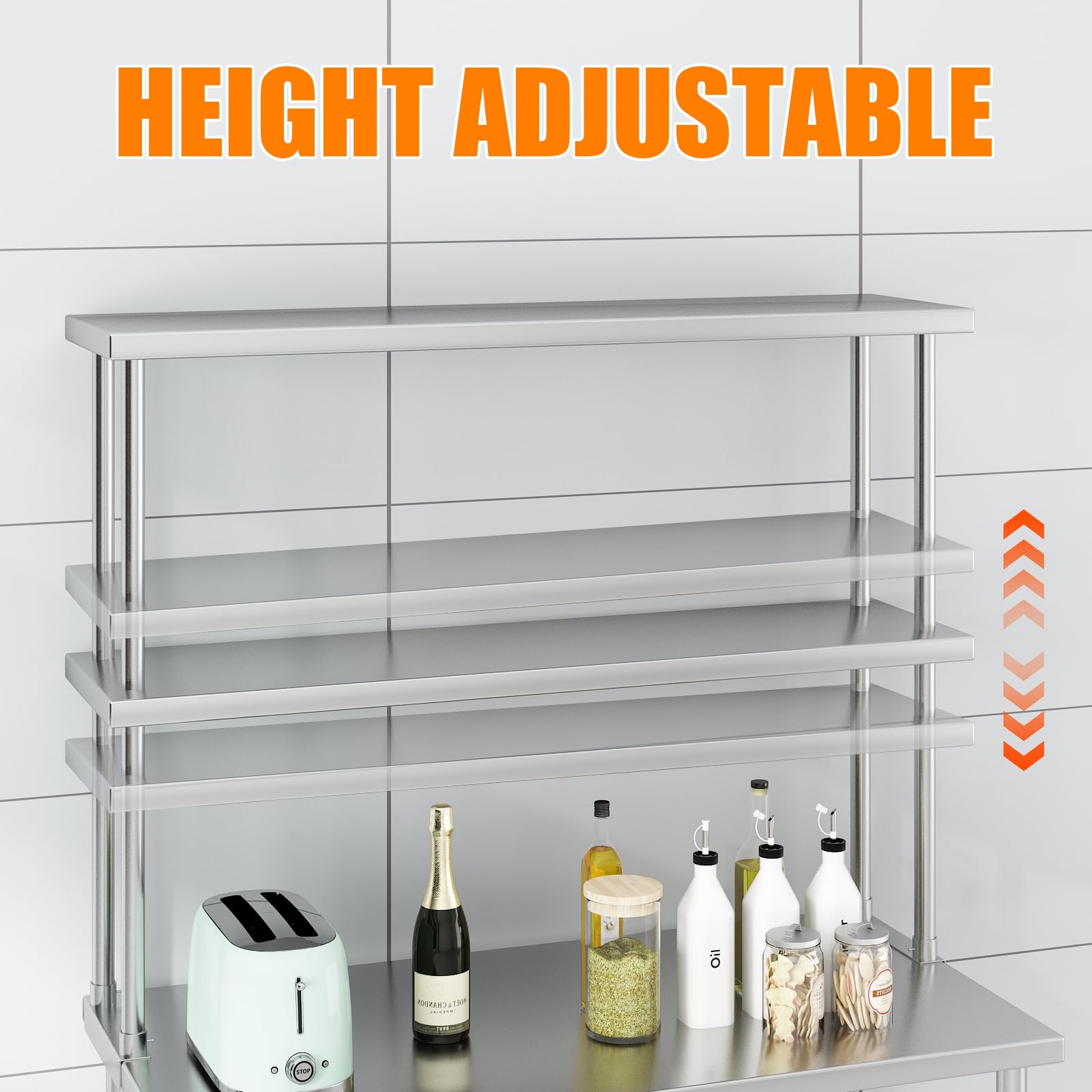 Étagère double supérieure Garvee en acier inoxydable 12 x 48 pouces, réglable, à 2 niveaux, pour cuisine et atelier, résistante à la rouille et robuste.