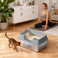 Garvee Bac à litière pour chat en acier inoxydable, taille L, hauteur 27 cm, avec pelle et bords hauts, argenté, idéal pour foyers multi-chats