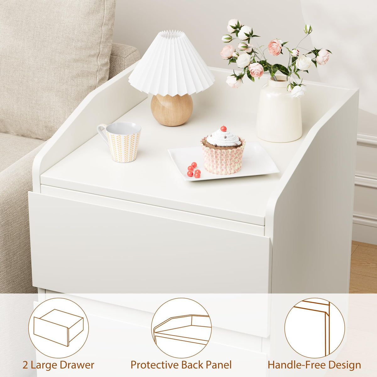 Garvee Table de chevet blanche, table de nuit pour sommier tapissier, commode de nuit à 2 tiroirs, montage facile, peut servir de table d'appoint, de table basse, de meuble de rangement ou de table basse pour la chambre ou le salon.