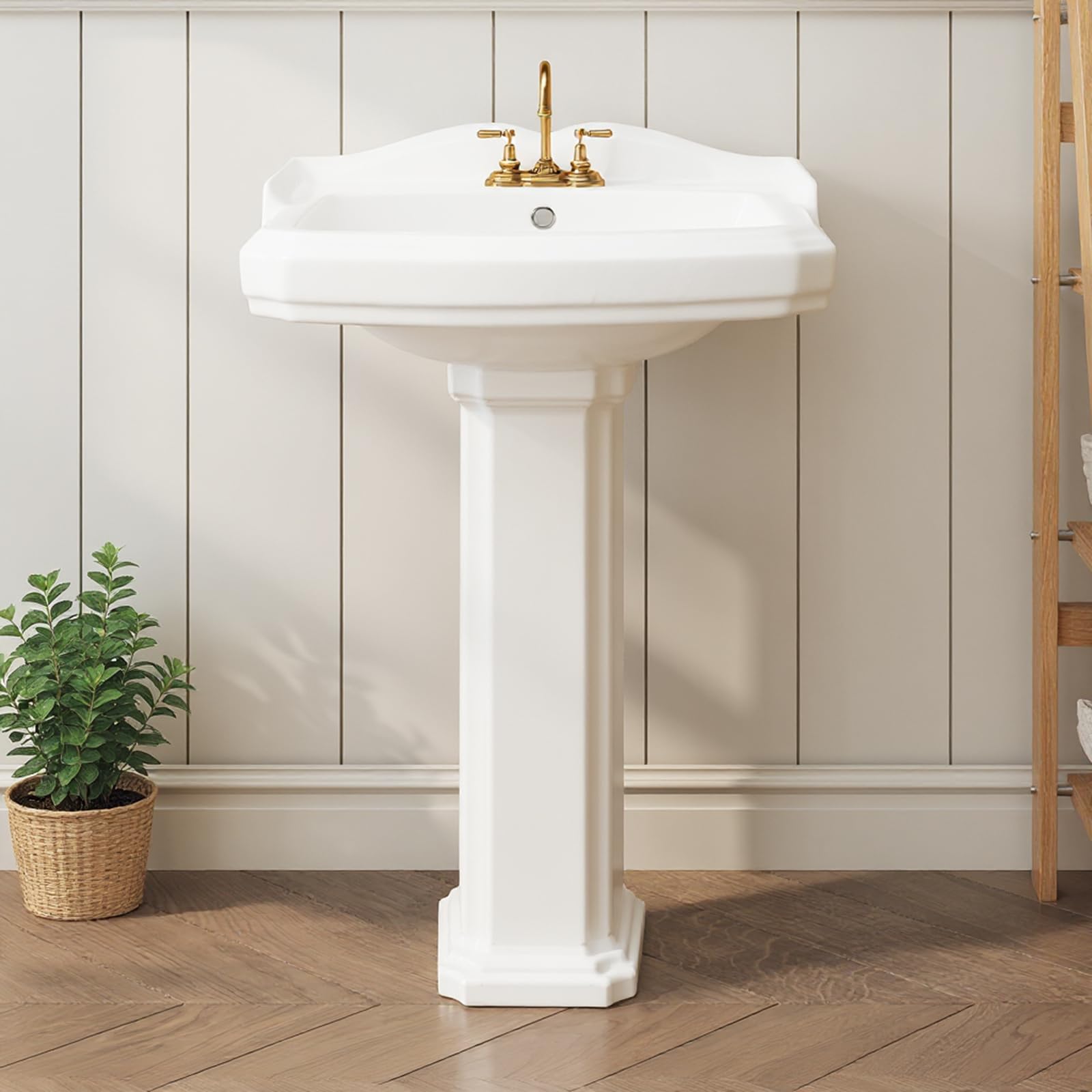 Lavabo sur pied rectangulaire en céramique Garvee 23 x 19 pouces avec robinet à 3 trous et trop-plein pour salle de bain moderne, blanc