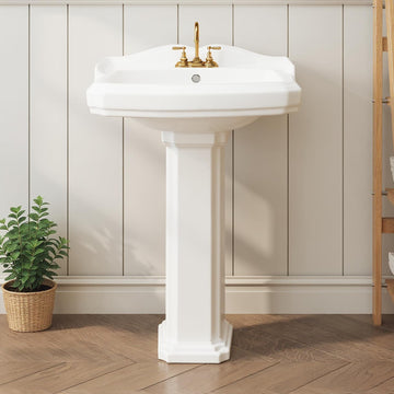 Lavabo sur pied rectangulaire en céramique Garvee 23 x 19 pouces avec robinet à 3 trous et trop-plein pour salle de bain moderne, blanc