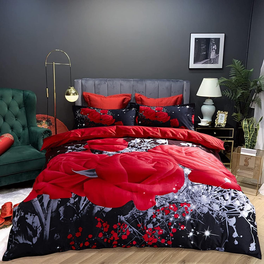 Garvee Parure de lit 4 pièces avec motif floral 3D de grandes roses rouges, idéale pour une chambre nuptiale: housse de couette, drap-housse et taies d’oreiller, rouge