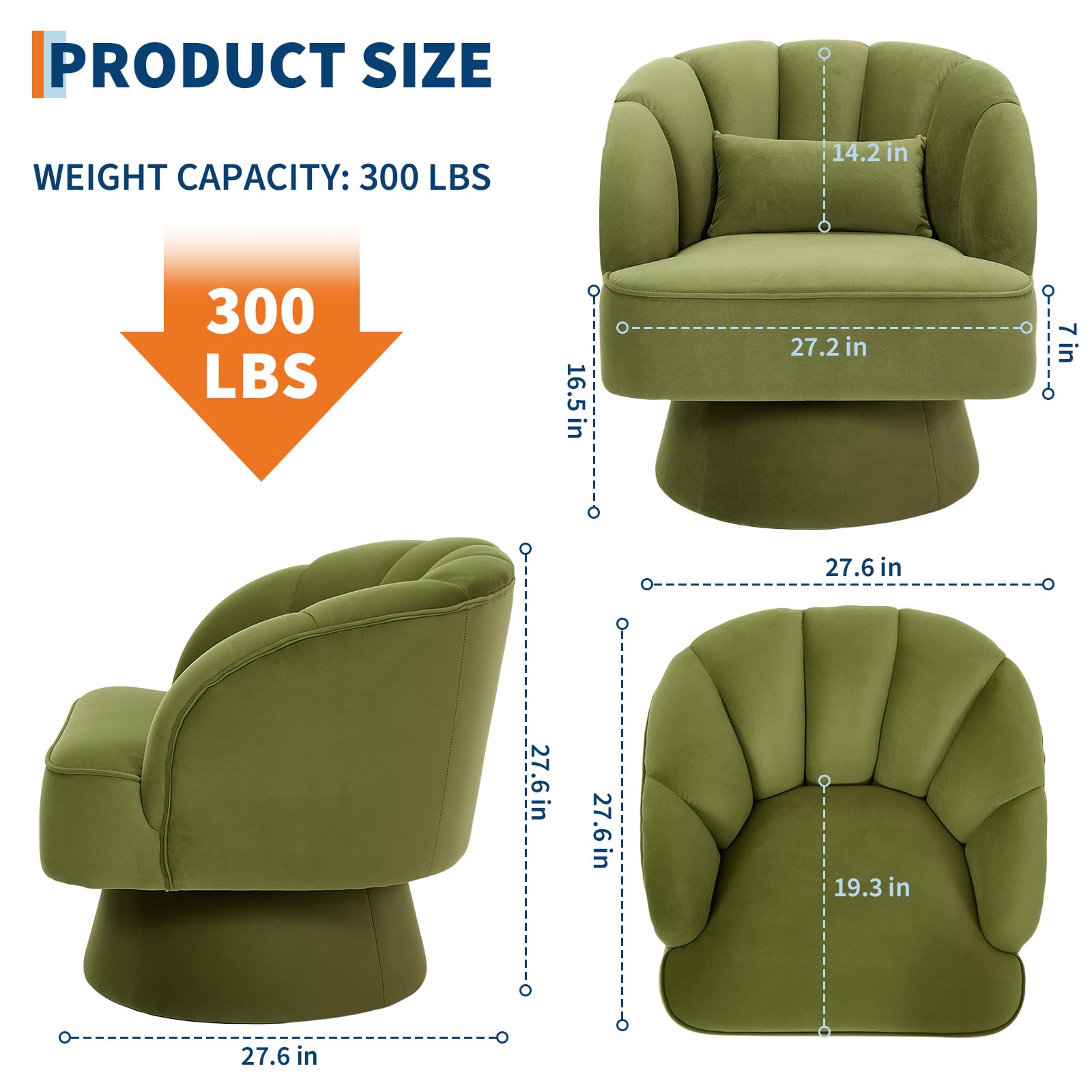 Garvee Fauteuil pivotant moderne en velours vert, rotation 360°, structure en bois robuste, assise confortable, idéal pour salon, chambre ou coin lecture.