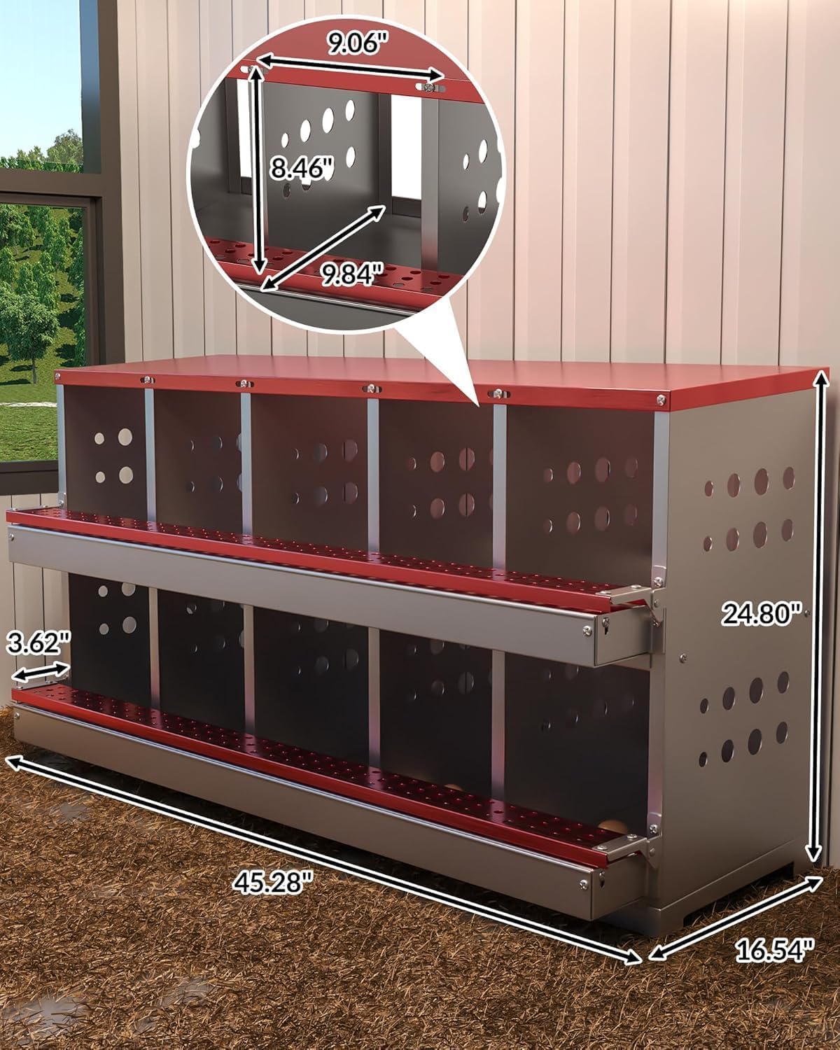 Garvee Pondoir à poules rouge en métal, 10 compartiments avec 10 œufs factices, ventilation et structure antirouille, pour poulailler