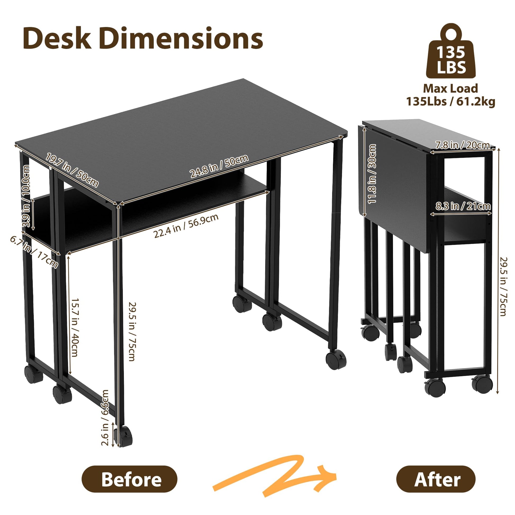 Table pliante compacte Garvee avec roulettes et étagère pour bureau à domicile et espace de travail, structure en acier de 63 cm (24,8 po), gain de place, mobile, noire