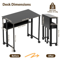 Table pliante compacte Garvee avec roulettes et étagère pour bureau à domicile et espace de travail, structure en acier de 63 cm (24,8 po), gain de place, mobile, noire